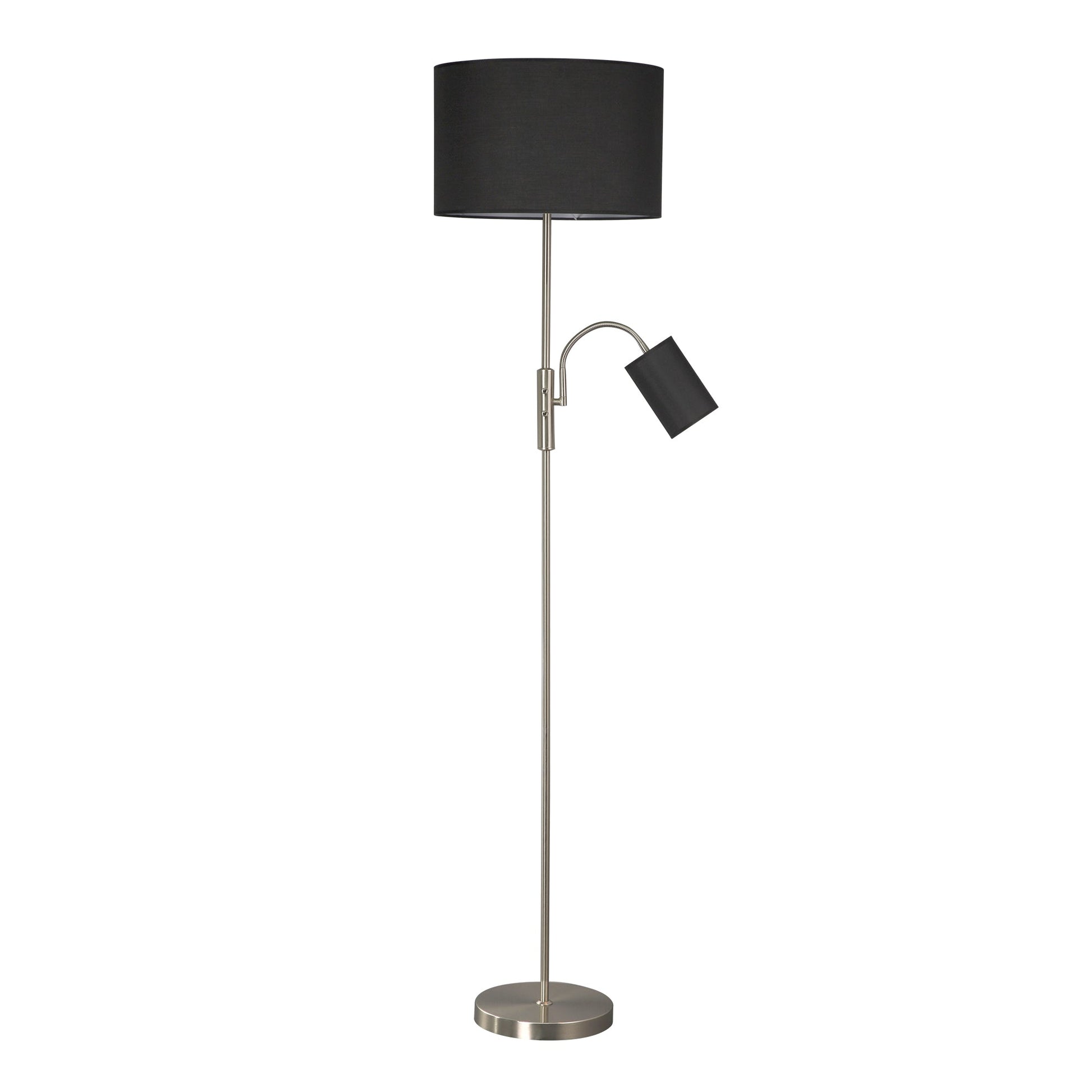 Floor lamp with large black drum shade and small reading arm light on brushed nickel pole, round base on white background