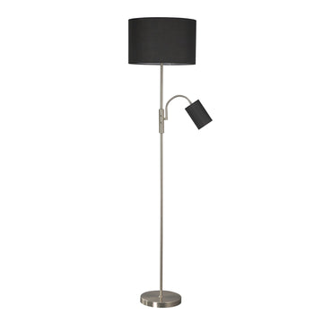 Floor lamp with large black drum shade and small reading arm light on brushed nickel pole, round base on white background