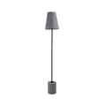 Floor lamp with cylindrical grey concrete base, slim black pole and grey conical felt shade on white background