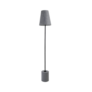 Floor lamp with cylindrical grey concrete base, slim black pole and grey conical felt shade on white background