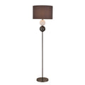 Floor lamp on white background with dark grey drum shade, stacked white and black crackled glass balls on chrome stem