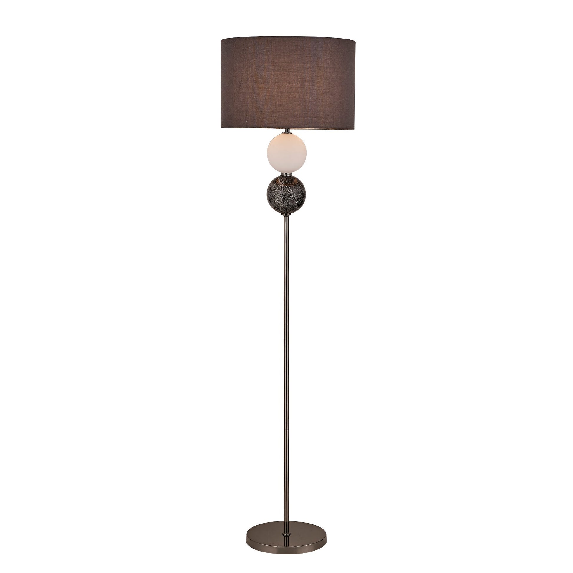 Floor lamp on white background with dark grey drum shade, stacked white and black crackled glass balls on chrome stem