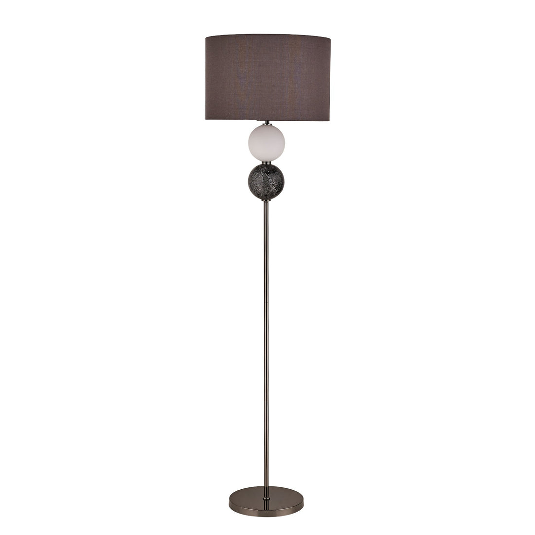 Floor lamp with dark grey drum shade, white frosted and black crackled glass balls on chrome rod, round chrome base, white bg