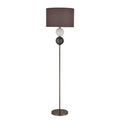 Floor lamp with dark grey drum shade, white frosted and black crackled glass balls on chrome rod, round chrome base, white bg