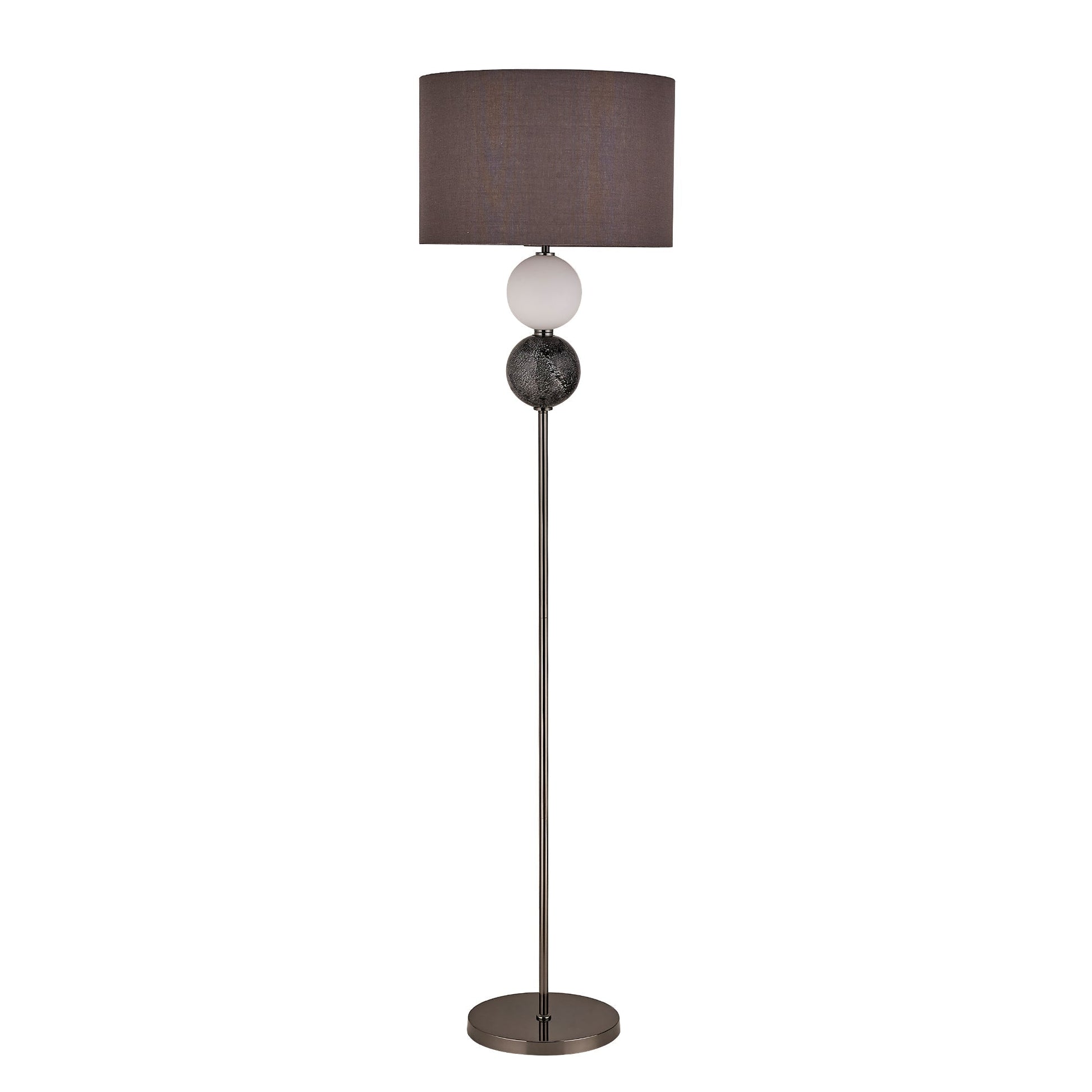 Floor lamp with dark grey drum shade, white frosted and black crackled glass balls on chrome rod, round chrome base, white bg