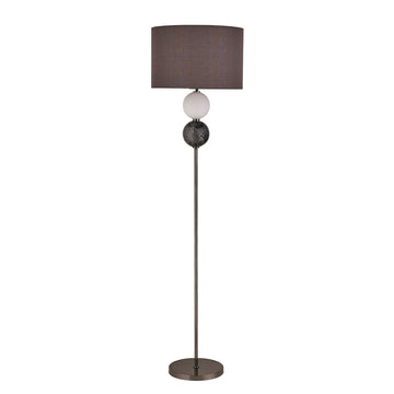 Floor lamp with dark grey drum shade, white frosted and black crackled glass balls on chrome rod, round chrome base, white bg