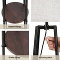 Four-panel feature image showing round dark walnut shelf, grey fabric shade, quality fittings and pull-string switch details