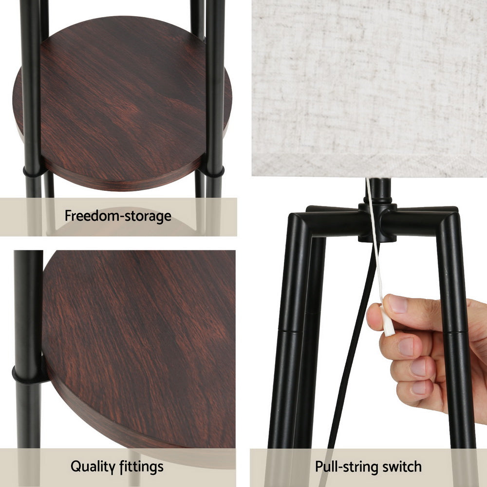 Four-panel feature image showing round dark walnut shelf, grey fabric shade, quality fittings and pull-string switch details
