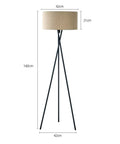 Dark metal tripod floor lamp dimensions showing 42cm shade diameter, 21cm shade height and 160cm total height