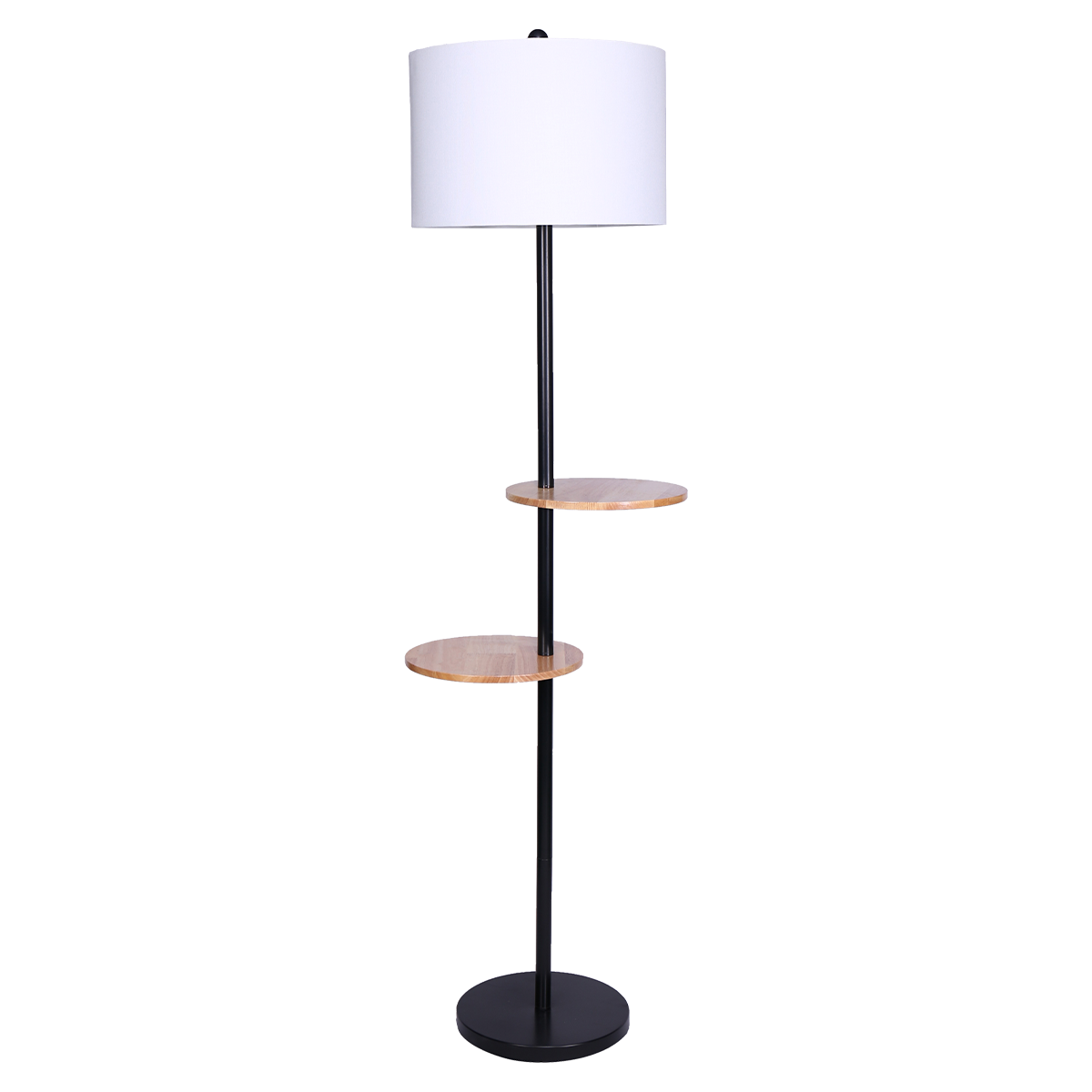 Floor lamp with two round wood shelves on black metal pole, white drum shade on top and round black base, white background