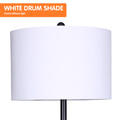 Feature banner WHITE DRUM SHADE above close-up of white fabric drum shade on black pole, white background