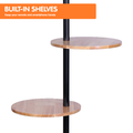 Feature banner BUILT-IN SHELVES above close-up of two round natural wood shelves on black metal pole, white background