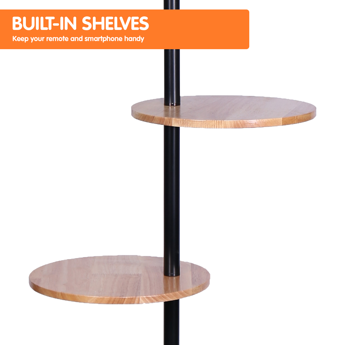 Feature banner BUILT-IN SHELVES above close-up of two round natural wood shelves on black metal pole, white background