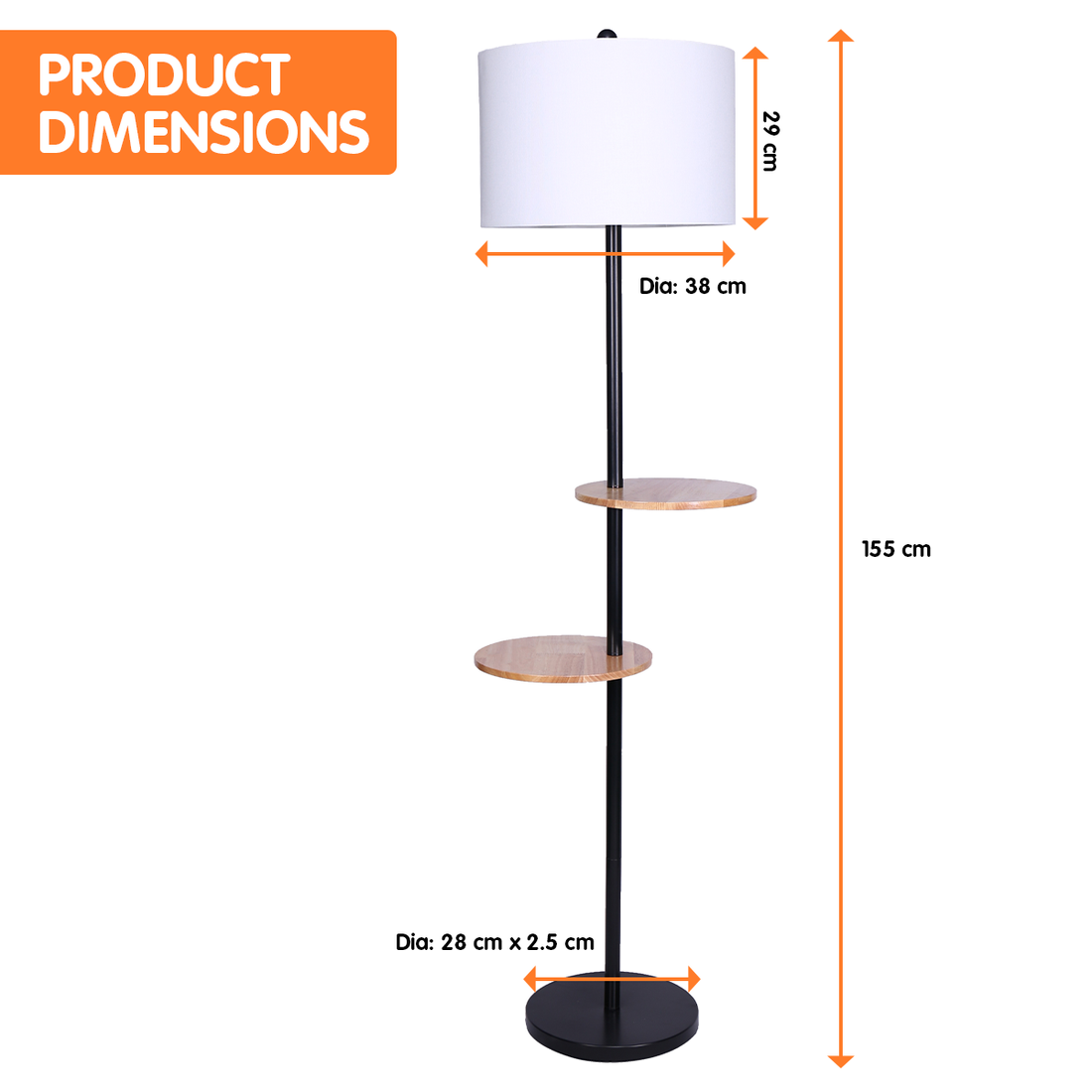 Floor lamp with two round wood shelves on black metal pole, white drum shade on top and round black base, white background