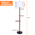 Floor lamp with shelves dimensions showing 155cm height, 38cm shade diameter, 29cm shade height and 28cm base