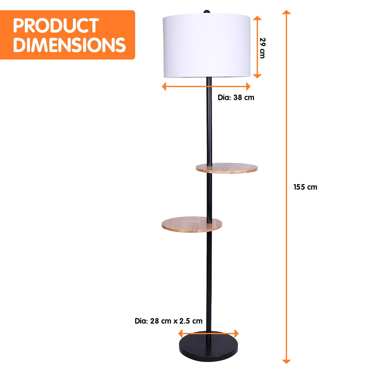 Floor lamp with shelves dimensions showing 155cm height, 38cm shade diameter, 29cm shade height and 28cm base