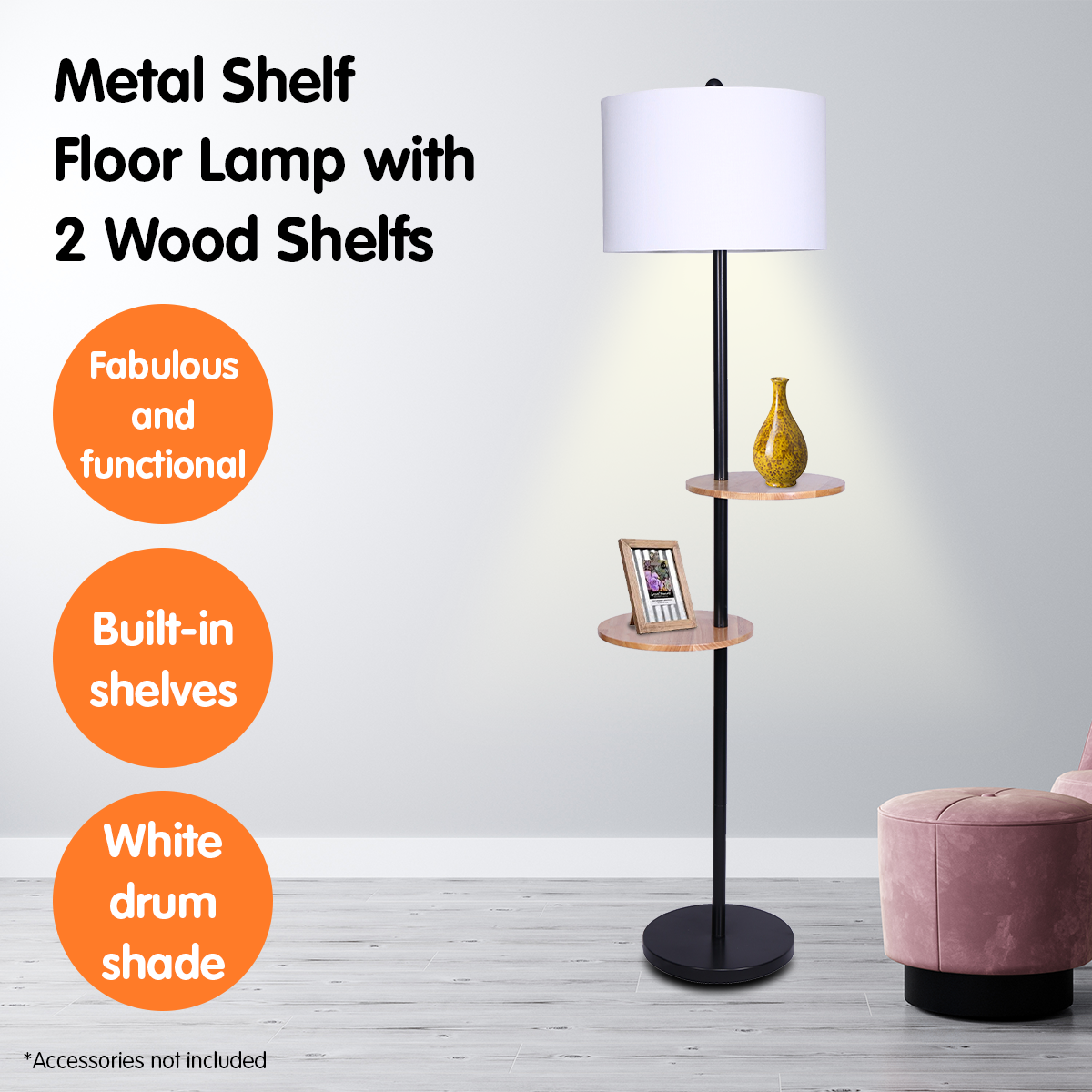 Metal shelf floor lamp with 2 wood shelves feature infographic showing lamp lit with vase and photo on shelves in room
