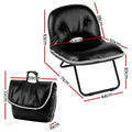 Black foldable floor chair dimensions: assembled 62cm x 50cm seat, 30cm height; folded bag 59cm x 72cm x 19cm
