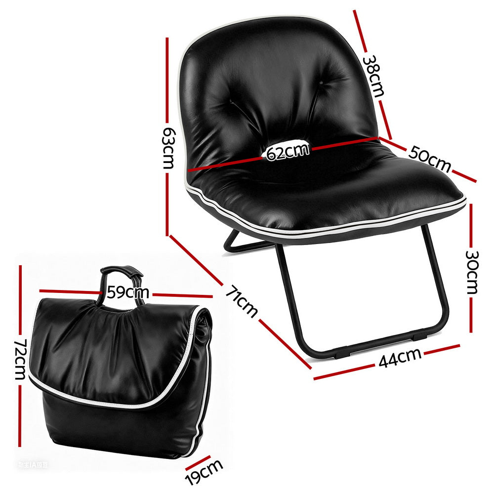 Black foldable floor chair dimensions: assembled 62cm x 50cm seat, 30cm height; folded bag 59cm x 72cm x 19cm
