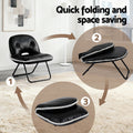 Black floor chair folding infographic: 3 steps from assembled to flat, labelled 