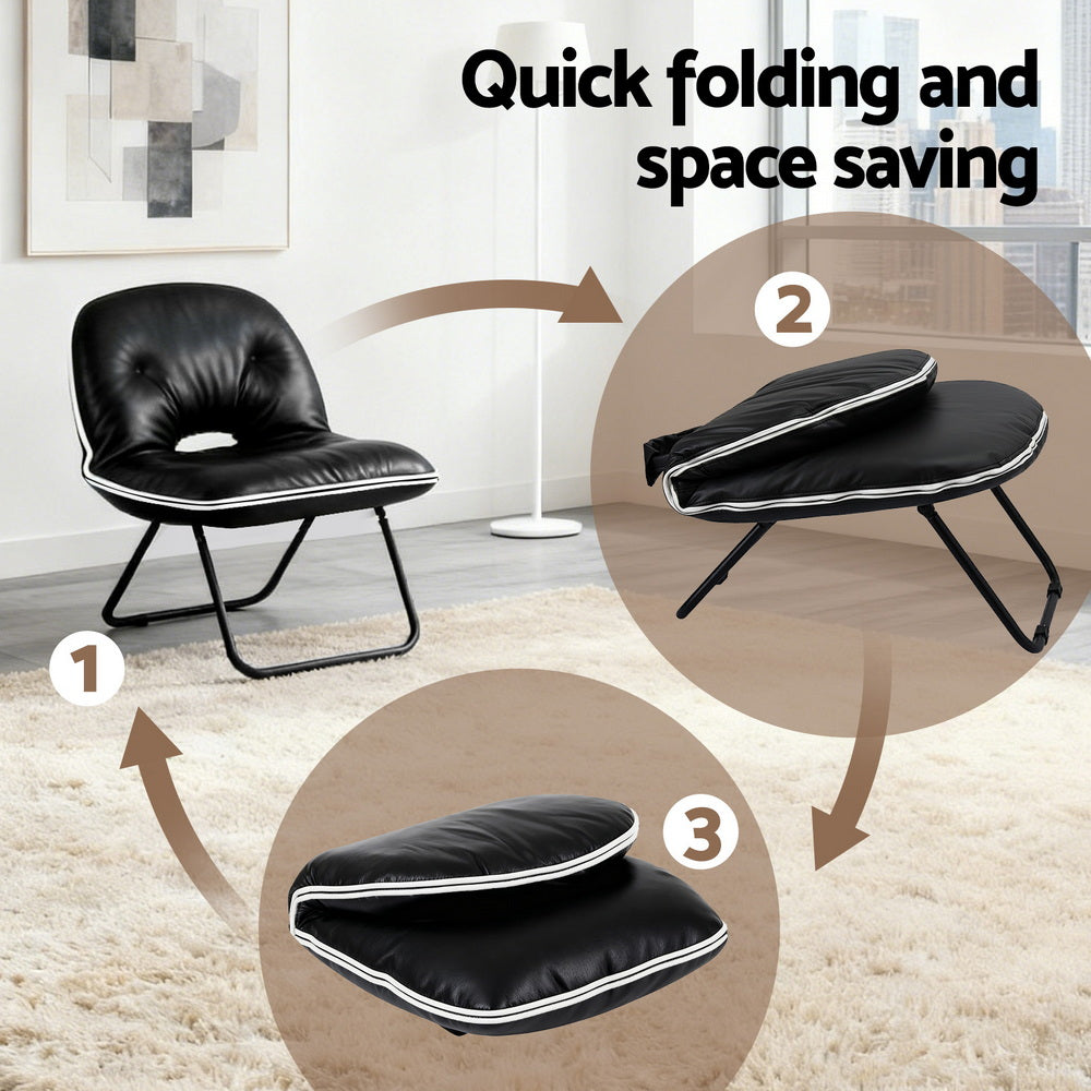 Black floor chair folding infographic: 3 steps from assembled to flat, labelled "Quick folding and space saving"