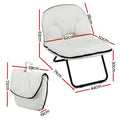 White foldable floor chair with black frame dimensions: 62cm x 50cm seat, 30cm height; folded 59cm x 72cm x 19cm