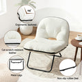 White foldable floor chair feature callouts: 115° ergonomic backrest, cat-scratch leather, metal legs, rubber feet