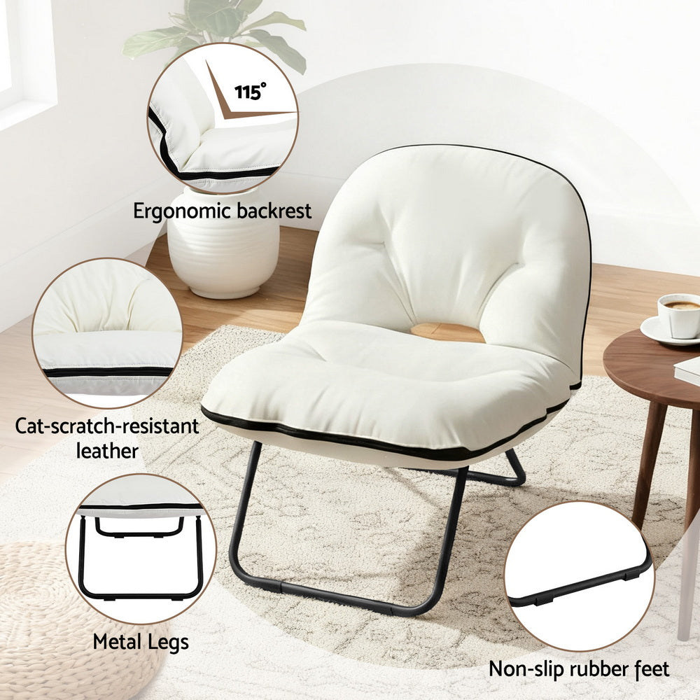 White foldable floor chair feature callouts: 115° ergonomic backrest, cat-scratch leather, metal legs, rubber feet