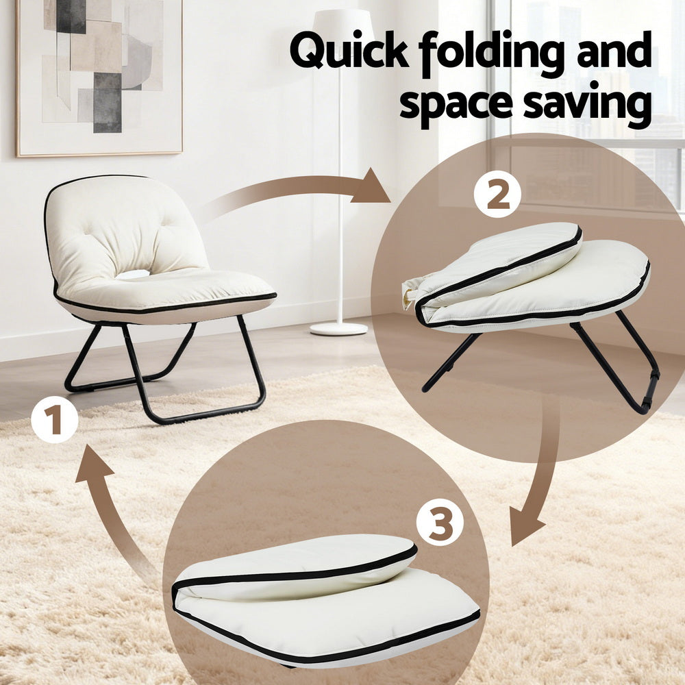 White floor chair folding infographic: 3 steps from assembled to flat, labelled "Quick folding and space saving"