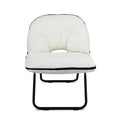 White foldable floor chair with tufted back, centre cutout, and black metal frame, front view on white background