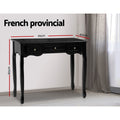 Black French provincial console dimensions diagram: 91cm wide, 40cm deep, 80cm tall; cabriole legs and 3 drawers