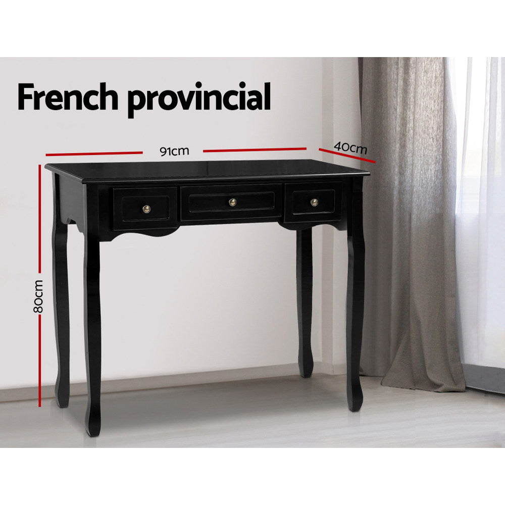 Black French provincial console dimensions diagram: 91cm wide, 40cm deep, 80cm tall; cabriole legs and 3 drawers