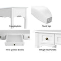 Four-panel detail collage: scalloped apron, wood edge, open drawer, raised panel with brass knob; white French console
