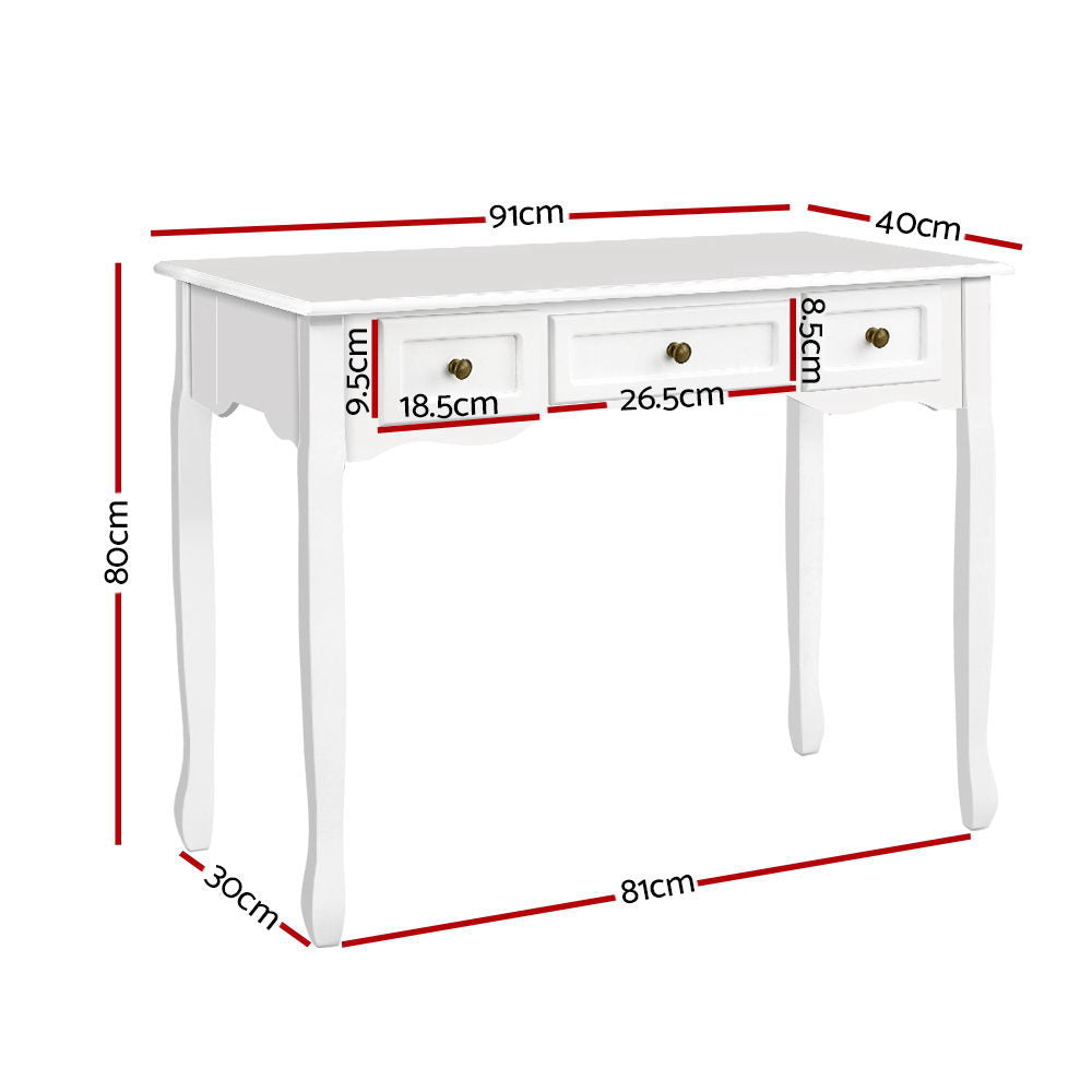French provincial white console table dimensions diagram: 91x40x80cm, drawers 18.5 and 26.5cm wide
