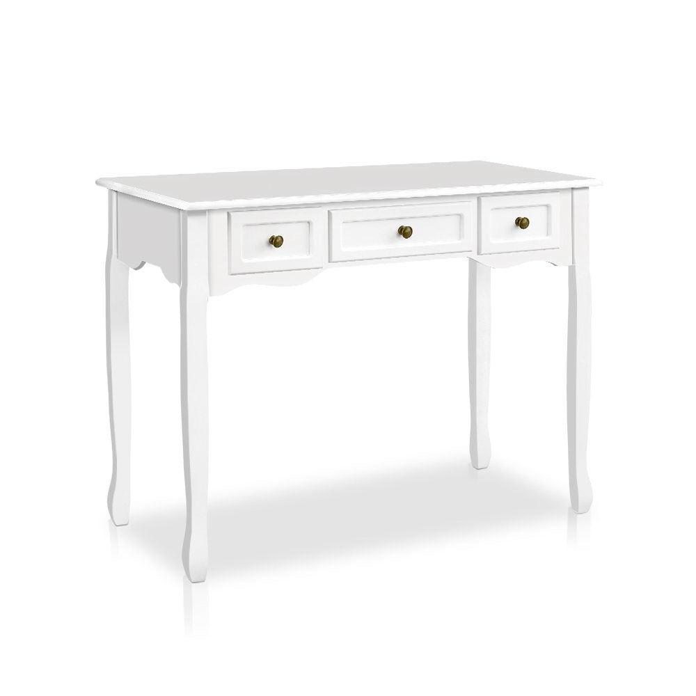 White French provincial console table with three drawers, antique brass knobs, scalloped apron and curved cabriole legs