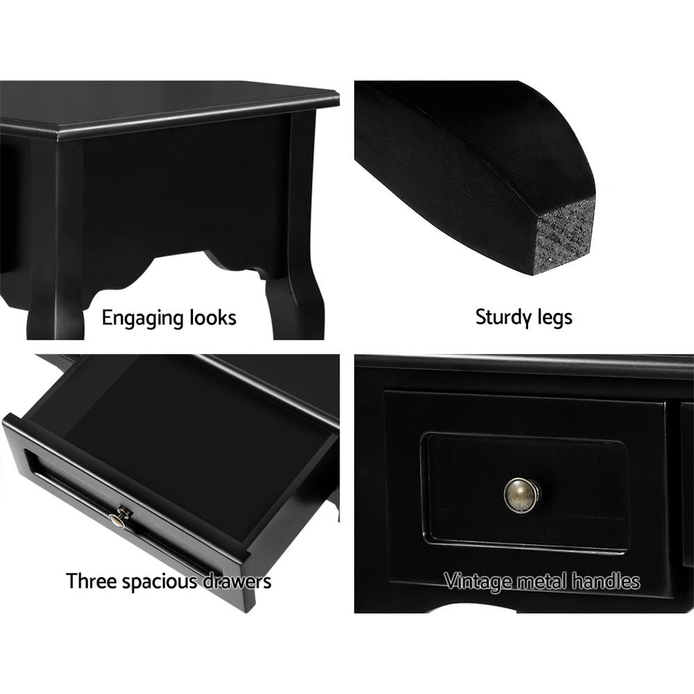 Four-panel detail collage of black console: scalloped apron, wood corner, open drawer interior, raised panel with brass knob