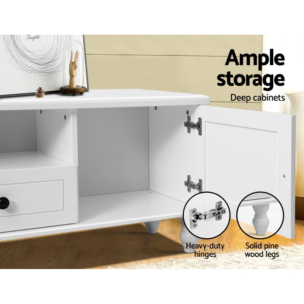 White French provincial TV stand drawer interior showing 34x24cm dimensions with anti-rust smooth runners and steel handles