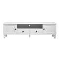 White French provincial TV stand 160cm in blue living room with wall-mounted TV and DVD player in open shelf