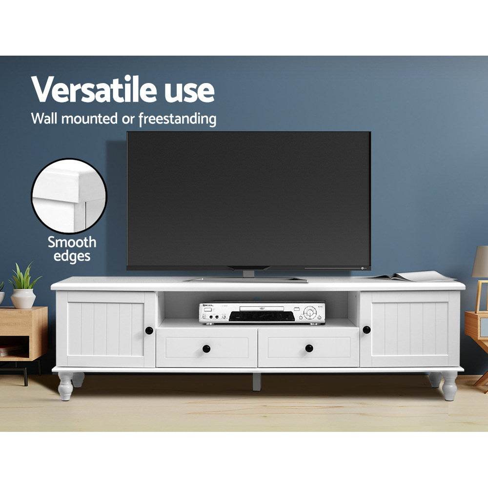 White French provincial TV stand open cabinet infographic showing deep storage with heavy-duty hinges and solid pine legs