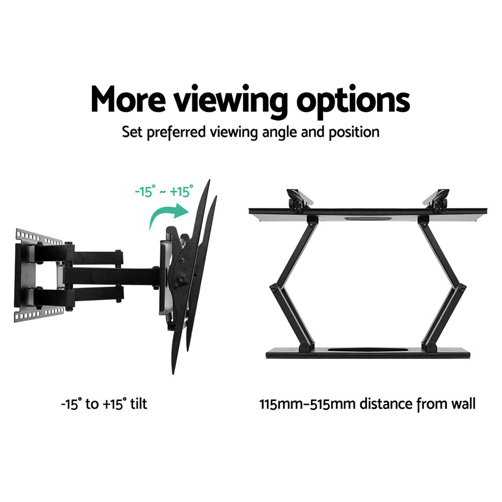 Full-motion TV wall bracket viewing options diagram minus-15 to plus-15 degree tilt and 115mm to 515mm distance from wall