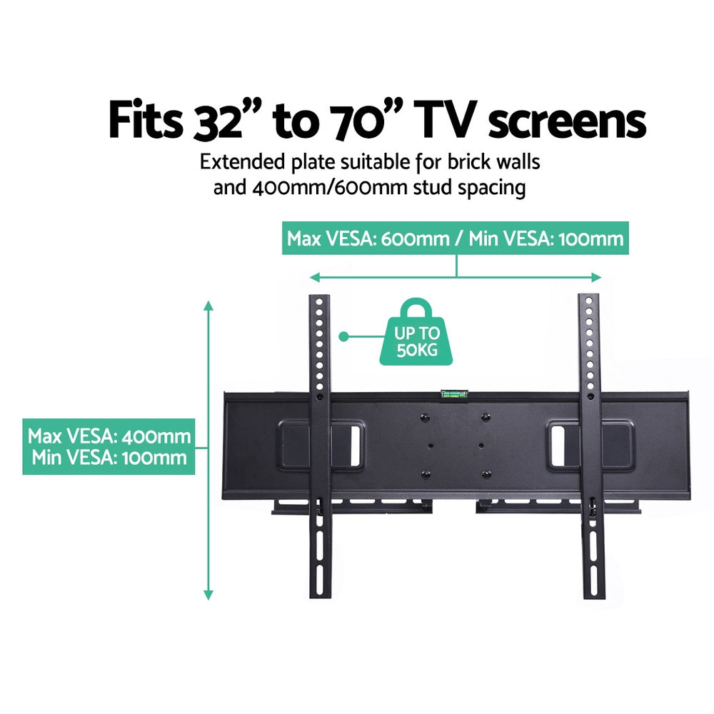 Full-motion TV wall bracket spec infographic fits 32-70 inch TVs VESA 100-600mm horizontal 100-400mm vertical 50kg capacity