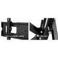 Full-motion TV wall bracket close-up showing anti-rust powder coating on TV plate left and safety lock mechanism right