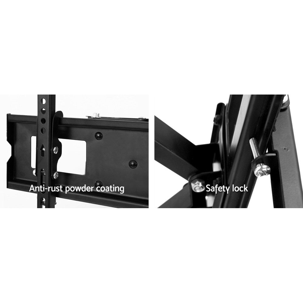 Full-motion TV wall bracket close-up showing anti-rust powder coating on TV plate left and safety lock mechanism right