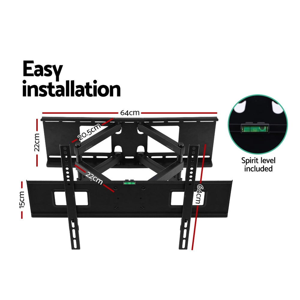 Full-motion TV wall bracket dimension diagram 64cm wide 22cm wall plate 15cm TV plate 20.5cm arm spirit level close-up