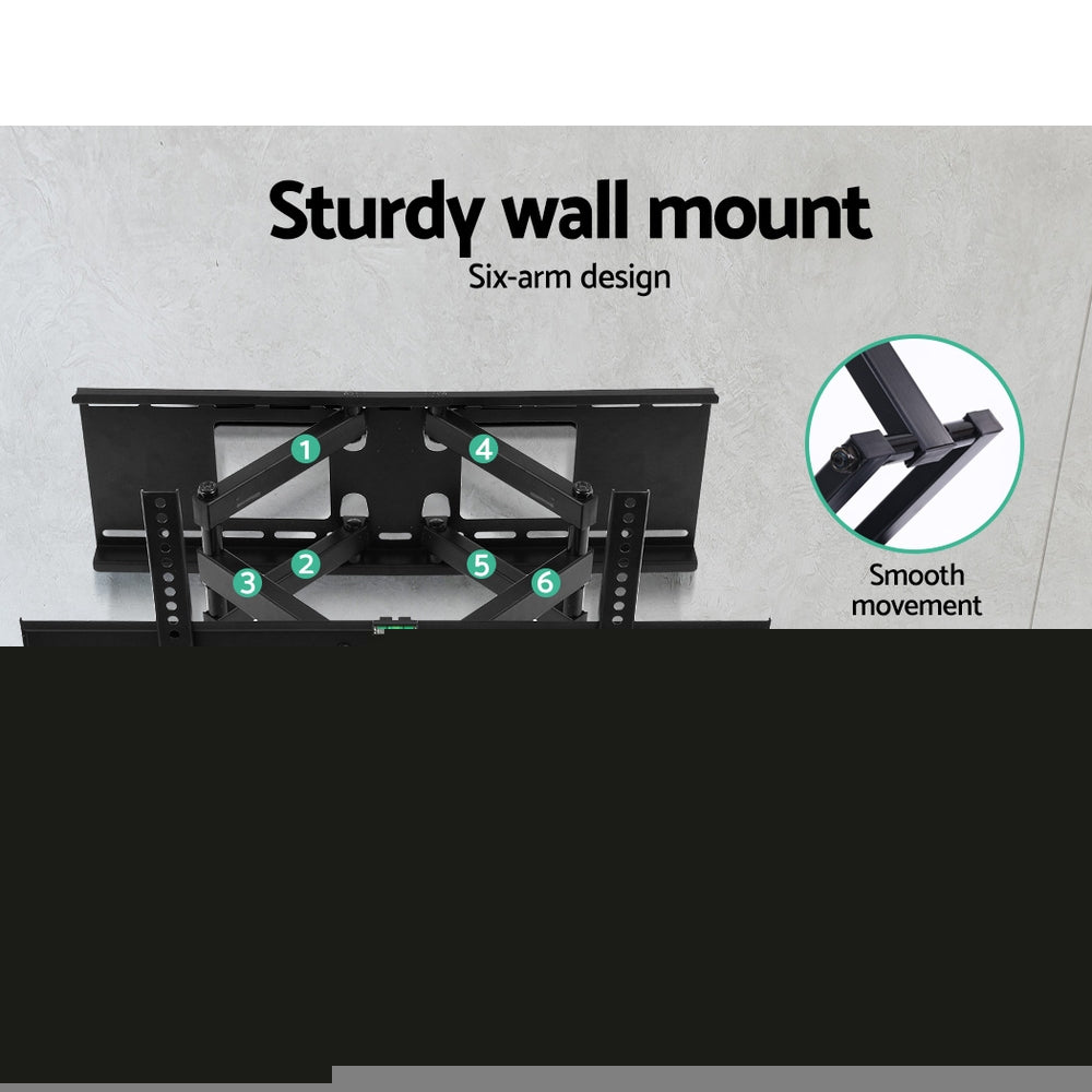 Full-motion TV wall bracket sturdy six-arm design on grey wall numbered joints 1-6 with smooth movement joint close-up