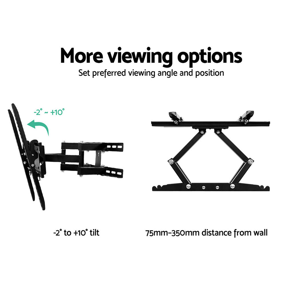 Full-motion TV wall bracket viewing options minus-2 to plus-10 degree tilt and 75mm to 350mm distance from wall diagram