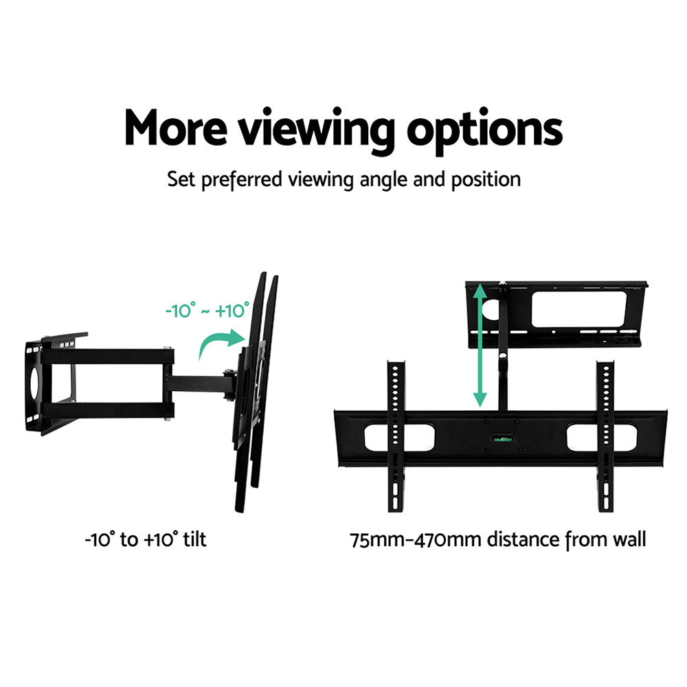 Full-motion TV wall bracket viewing options diagram minus-10 to plus-10 degree tilt and 75mm to 470mm distance from wall
