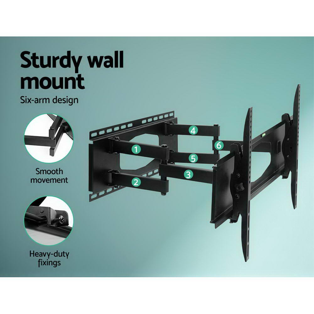 Full-motion TV bracket six-arm design on teal background numbered joints 1-6 smooth movement and heavy-duty fixings