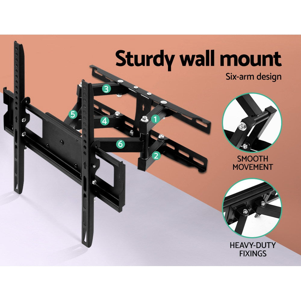 Full-motion TV bracket six-arm design on orange wall numbered joints 1-6 smooth movement and heavy-duty fixings close-ups