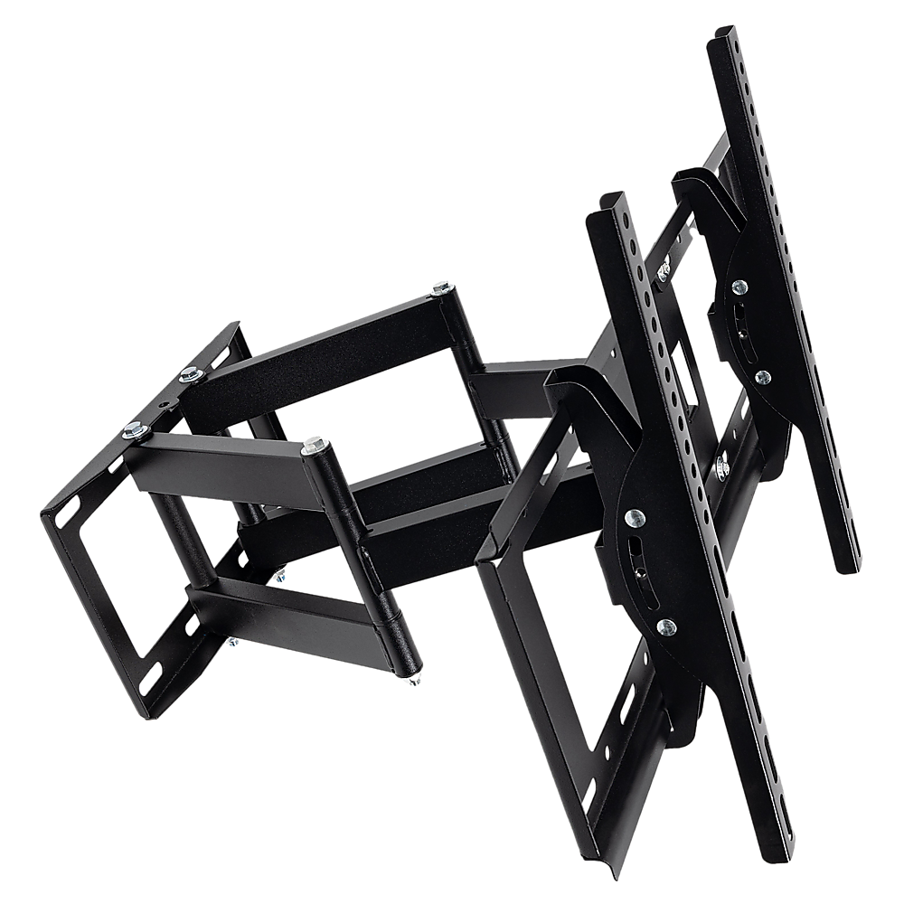 Black full-motion TV wall bracket angle view on dark background with dual arms extended showing V-shape configuration